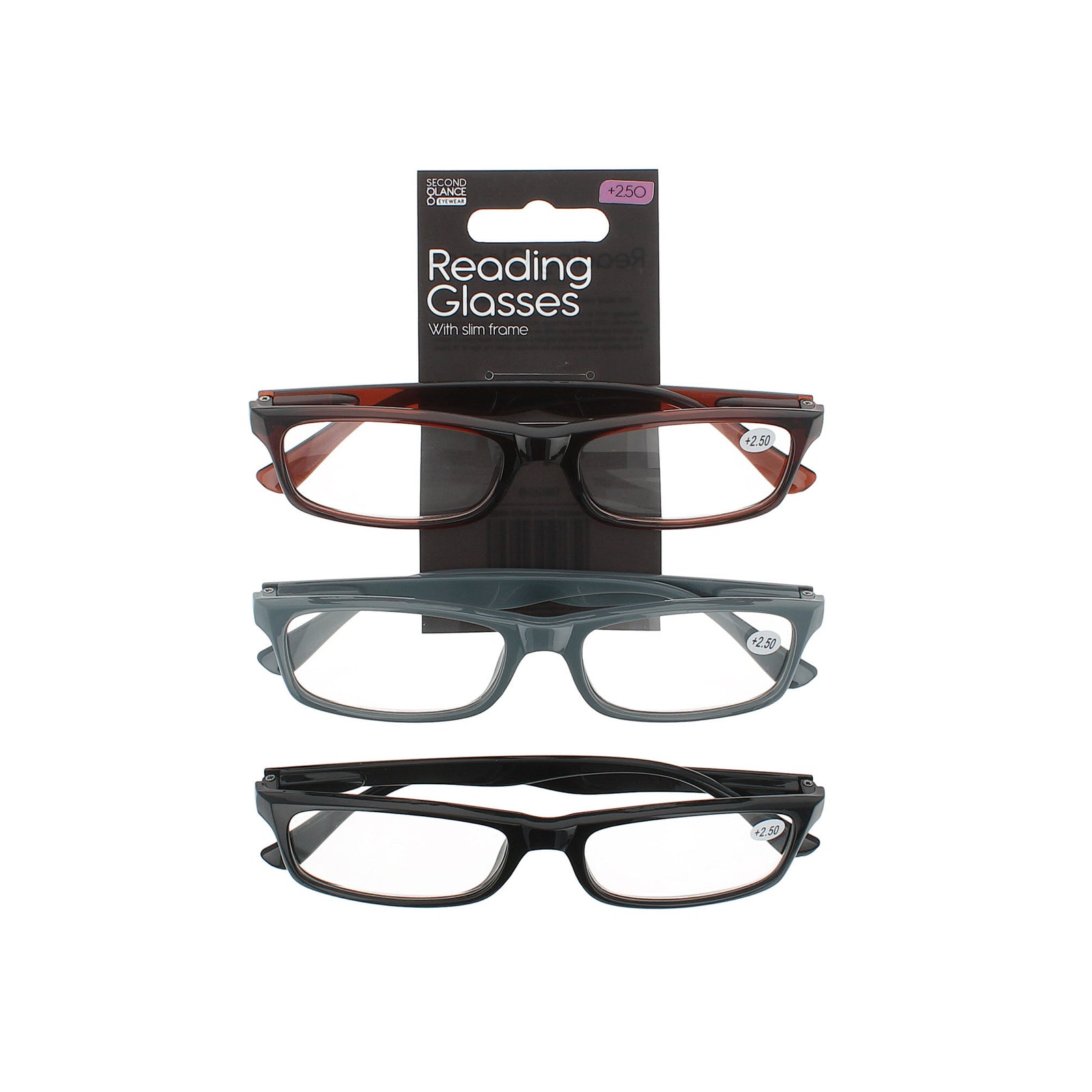 Second Glance 2 Pieces slim Frame Reading Glasses + 2.50 - Black-Brown-Grey