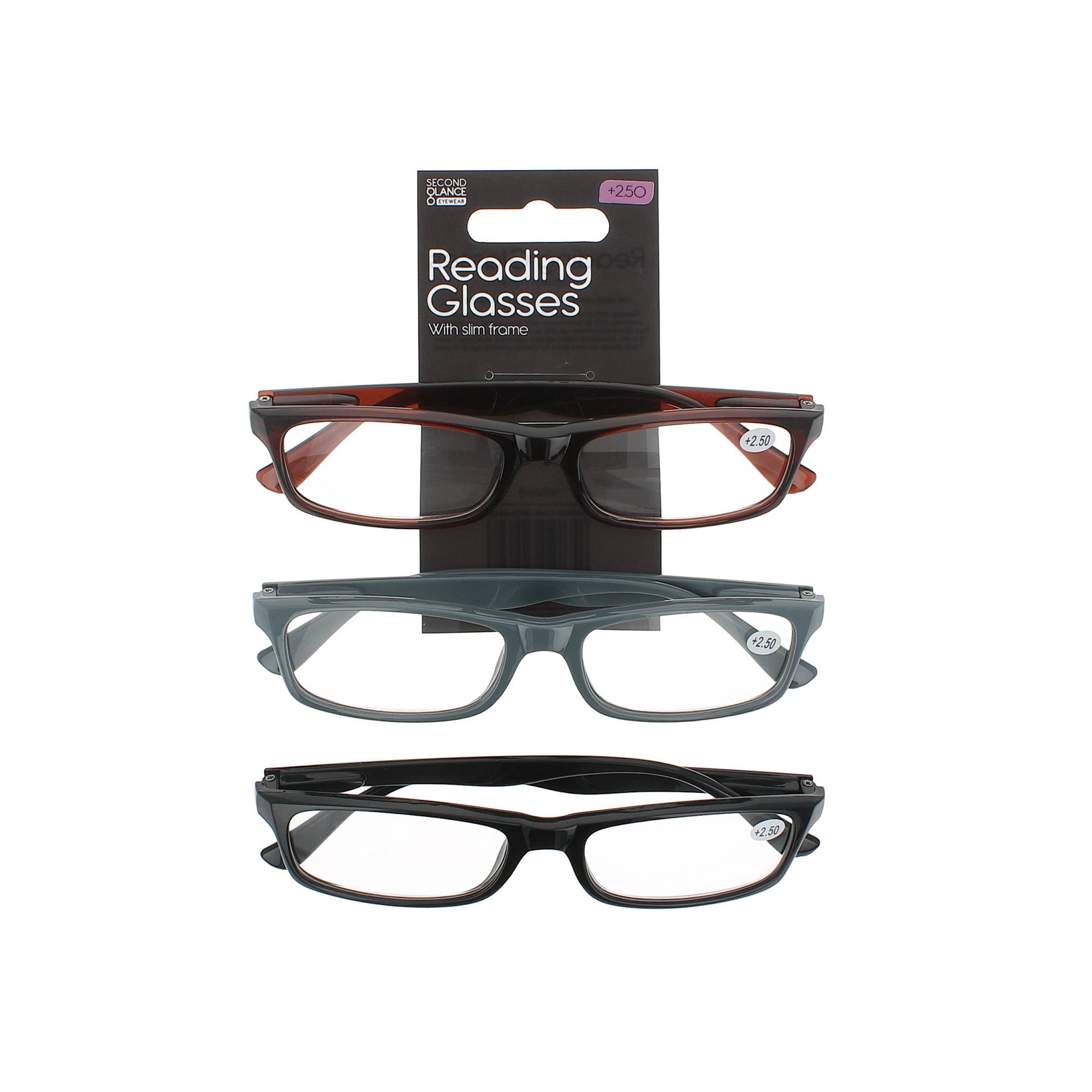 Second Glance 2 Pieces slim Frame Reading Glasses + 2.50 - Black-Brown-Grey