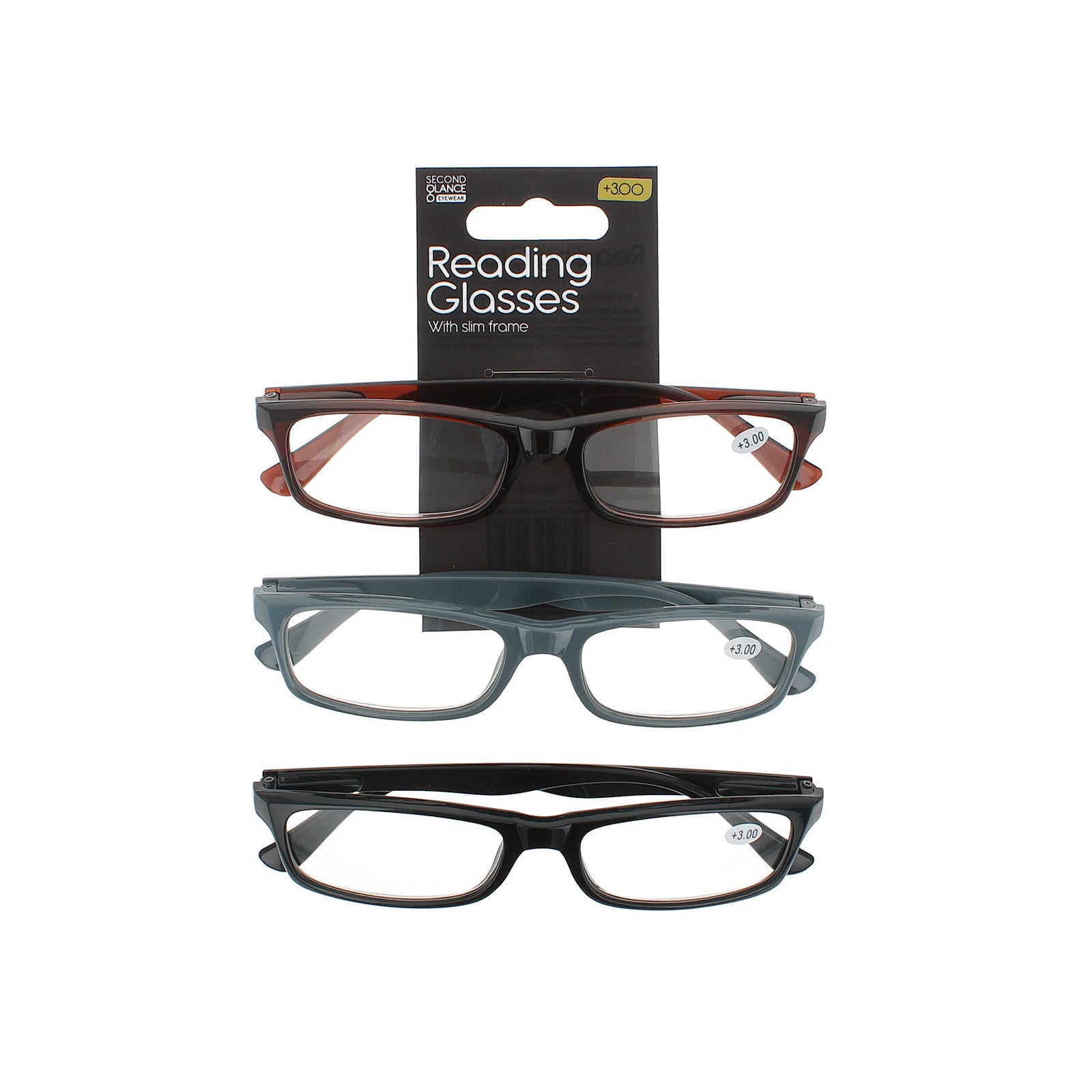 Second Glance 3 Pieces slim Frame Reading Glasses + 3.00 - Black-Brown-Grey