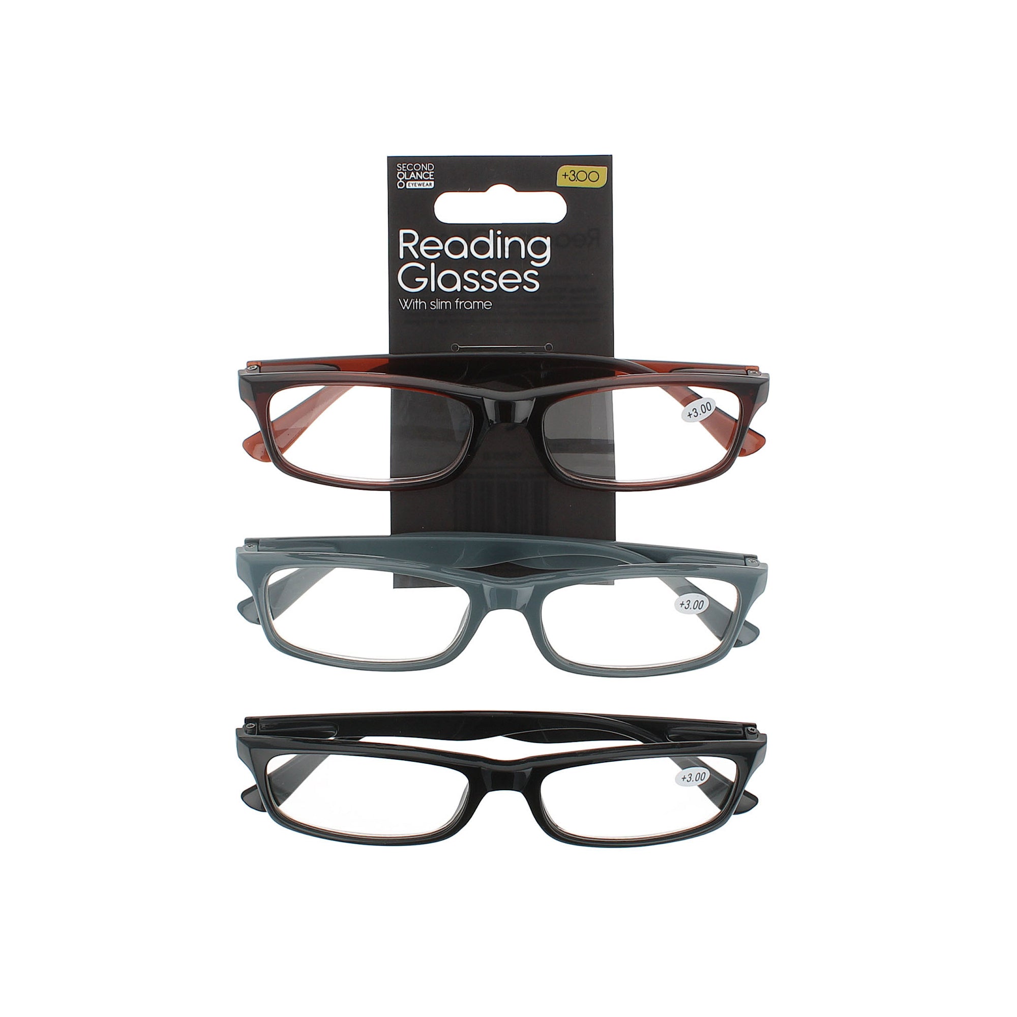 Second Glance 3 Pieces slim Frame Reading Glasses + 3.00 - Black-Brown-Grey