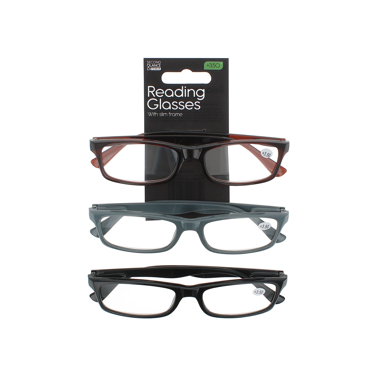 Second Glance 3 Pieces slim Frame Reading Glasses + 3.50 - Black-Brown-Grey