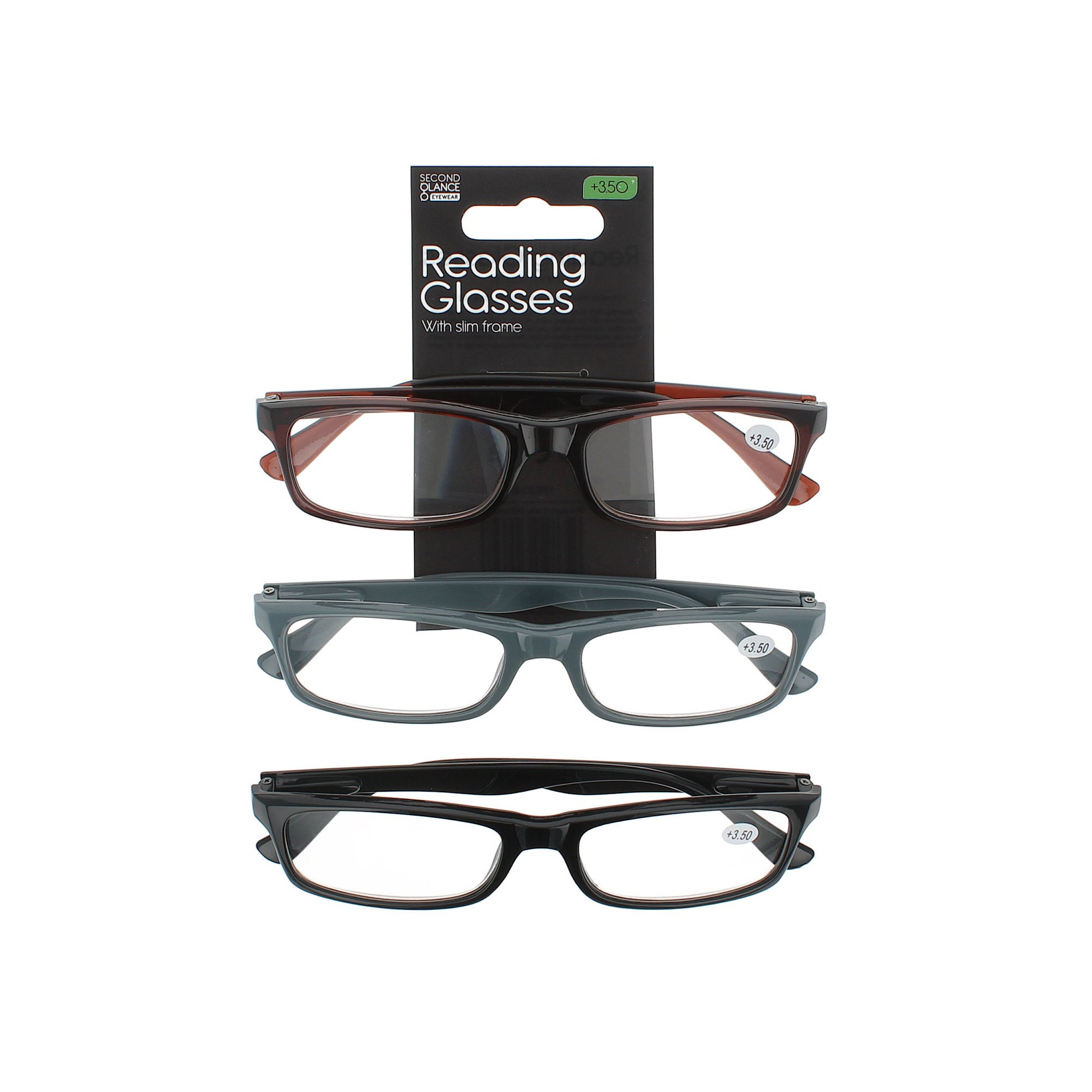 Second Glance 3 Pieces slim Frame Reading Glasses + 3.50 - Black-Brown-Grey
