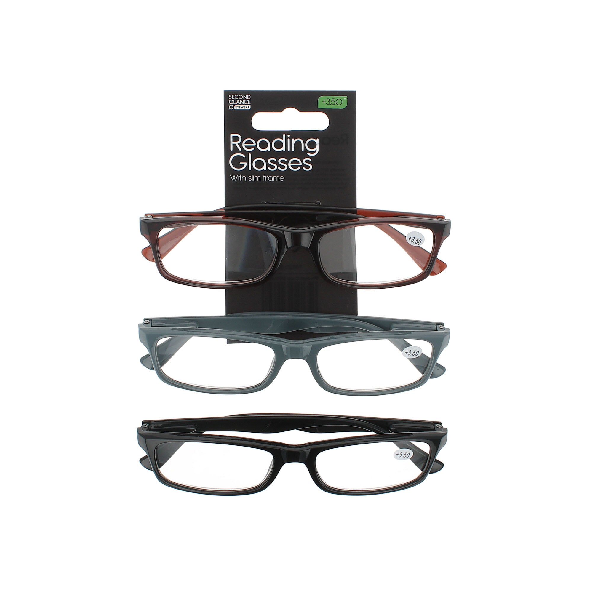 Second Glance 3 Pieces slim Frame Reading Glasses + 3.50 - Black-Brown-Grey